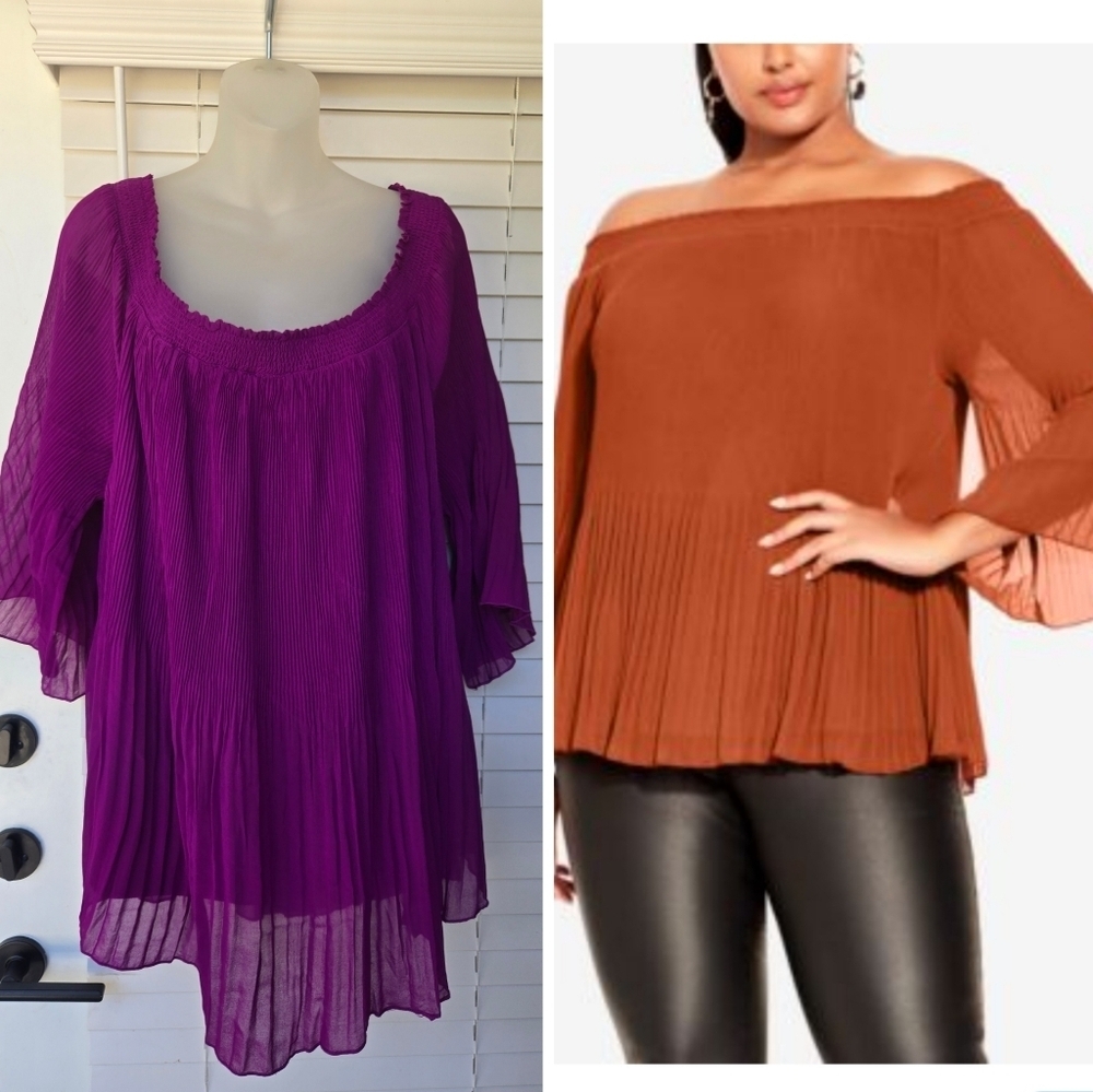 City Chic Off Shoulder Pleated Blouse Sz 22 Purple